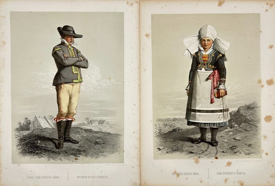 Otto Henrik Wallgren (1795–1857) – Set of 2 Colour Lithographs – "Bonde från Herresta Härad" and "Qvinna från Herresta Härad" – Scanian Folk Costumes (1872)