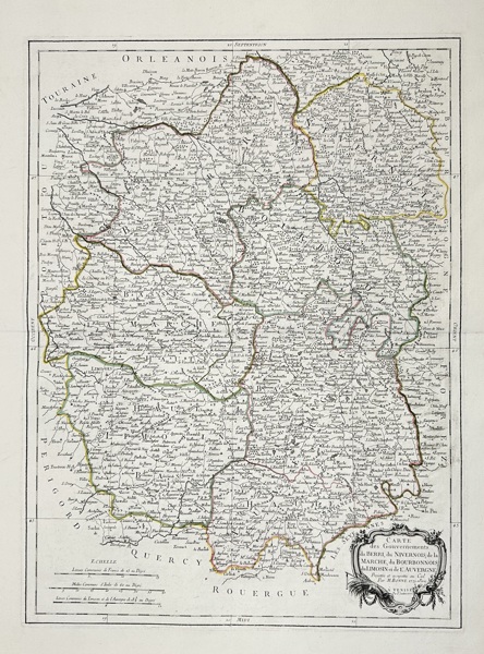 Rigobert Bonne (1727–1795) – Map of Berri, Nivernois, Marche, Bourbonnois, Limosin and Auvergne – Large Copperplate Engraving (Venice, 1777)
