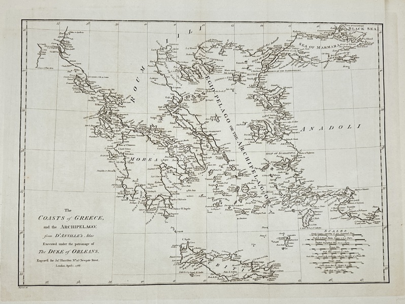 Jean-Baptiste Bourguignon d’Anville (1697–1782) – Map of the Coasts of Greece and the Archipelago – Large Copperplate Engraving (London, 1788)