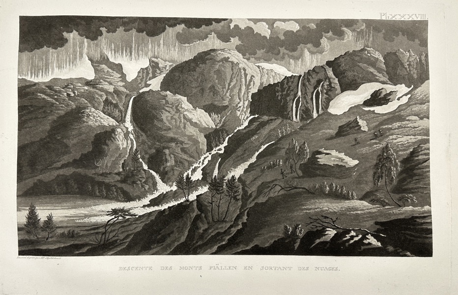 Anders Fredrik Skjöldebrand (1749–1834) – Descent from the Fällén Mountains Emerging from the Clouds – Engraving (1801–1802)