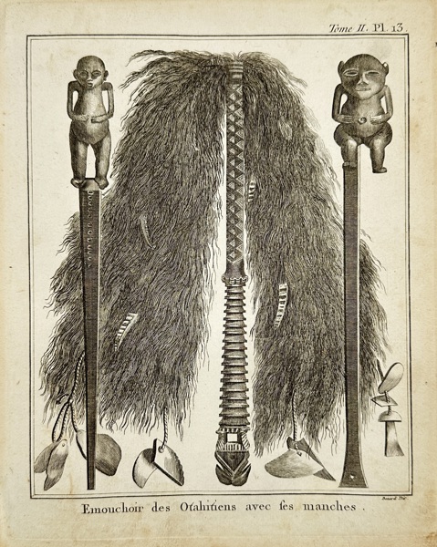 Robert Bénard (1734–1777) – Fly-whisks from Otaheite (Tahiti) with Their Carved Handles – Copper Engraving (Late 18th Century)