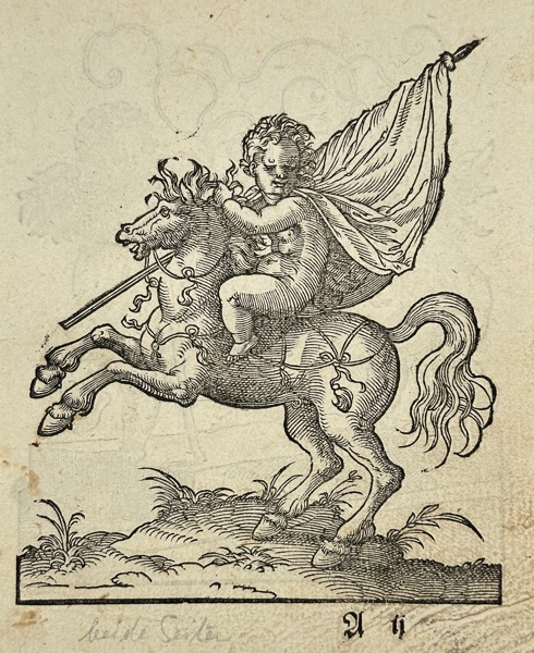 Jost Amman (1539–1591) – Putto on Horseback with Banner – Woodcut from Kunstbüchlin (1599)