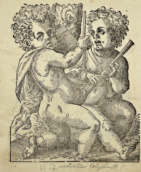 Jost Amman (1539–1591) – Two Putti Playing Musical Instruments – Woodcut from Kunstbüchlin (1599)