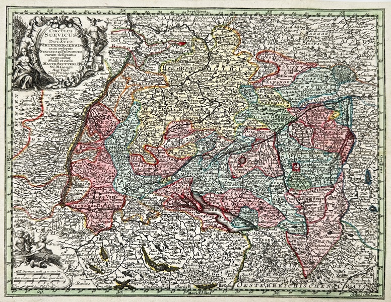 Matthäus Seutter (1678–1757) – Map of Swabia / Circulus Suevicus in quo Ducatus Wirtenbergensis – Hand-Colored Copperplate Engraving (c.1740)