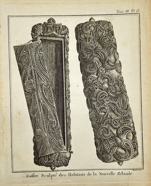 Robert Bénard (1734–1777) – Coffre sculpté des Habitans de la Nouvelle Zélande – Copperplate Engraving from Voyage de la Pérouse autour du monde, Tome III, Plate 15 (1797)