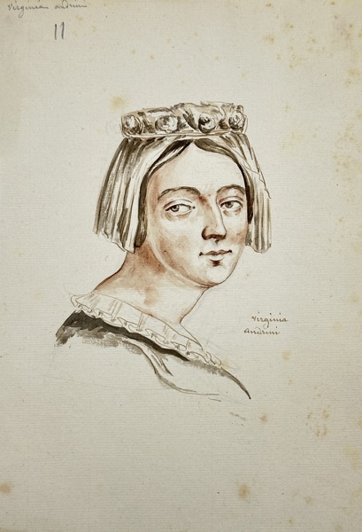 European School – Virginia – Watercolour Portrait of a Woman Wearing a Floral Crown (19th Century)