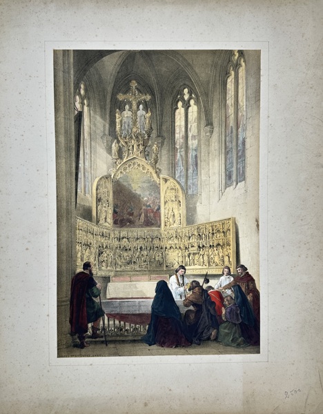 Louis Haghe (1806–1885) – Gothic Altar Scene with Worshippers – Hand-Coloured Lithograph of Ecclesiastical Interior (Mid-19th Century)