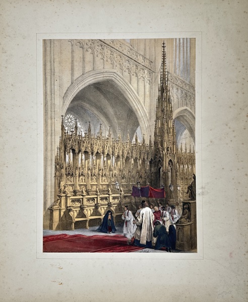 Louis Haghe (1806–1885) – Gothic Choir Procession – Hand-Coloured Lithograph of Ecclesiastical Interior (Mid-19th Century)