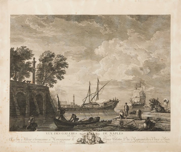Claude-Joseph Vernet after, Jacques Le Bas - Antique Engraving - Vue des galères de Naples - 18th Century