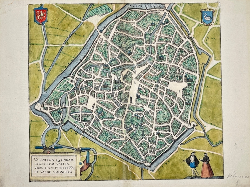 Georg Braun (1541–1622) & Frans Hogenberg (1535–1590) – Map of the Fortified City of Valenciennes / Valencena, Qvondam Cygnorvm Vallis, Vrbs Han – Hand-Colored Engraving (1561–1580)