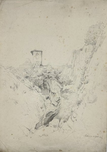 Louis Kolitz - Antique Landscape Drawing – Italian Ruins and Rocky Gorge 
