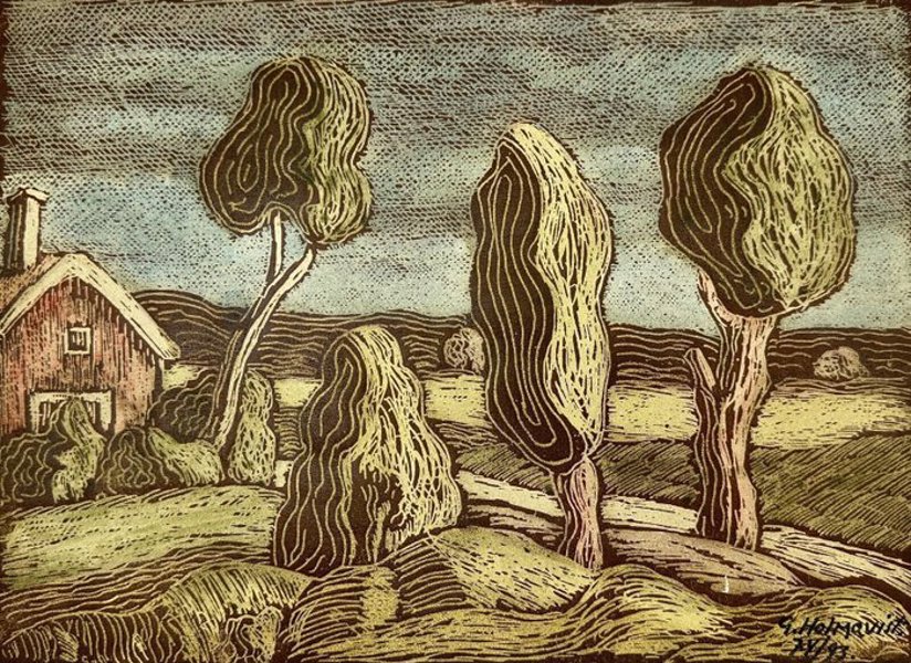 Lars-Gunnar Holmqvist - Colored Engraving - Village Landscape with Trees and Rural House – 20th Century