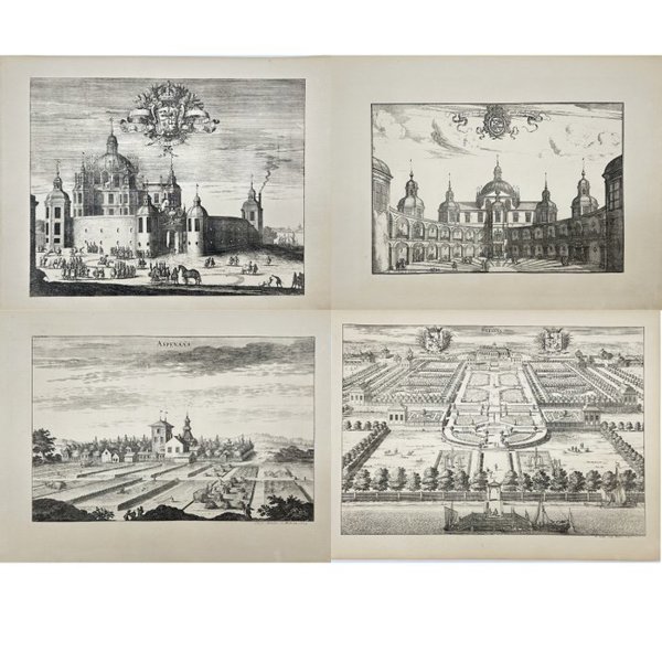 Erik Dahlberg (1625-1703) - Set of 4 Antique Topographical Prints - View of Östanå Slott - Östanå castle - View of Sweden