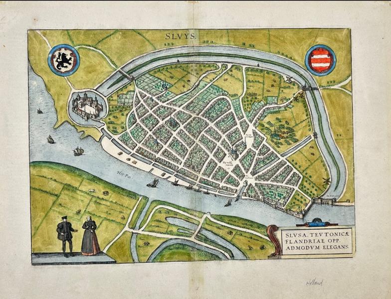 Belgium - Map of fortified city of Sluis; Georg Braun & Frans Hogenberg - Slvsa, Tevtonicae Flandriae Opp Admodvm Elegans - 1561-1580