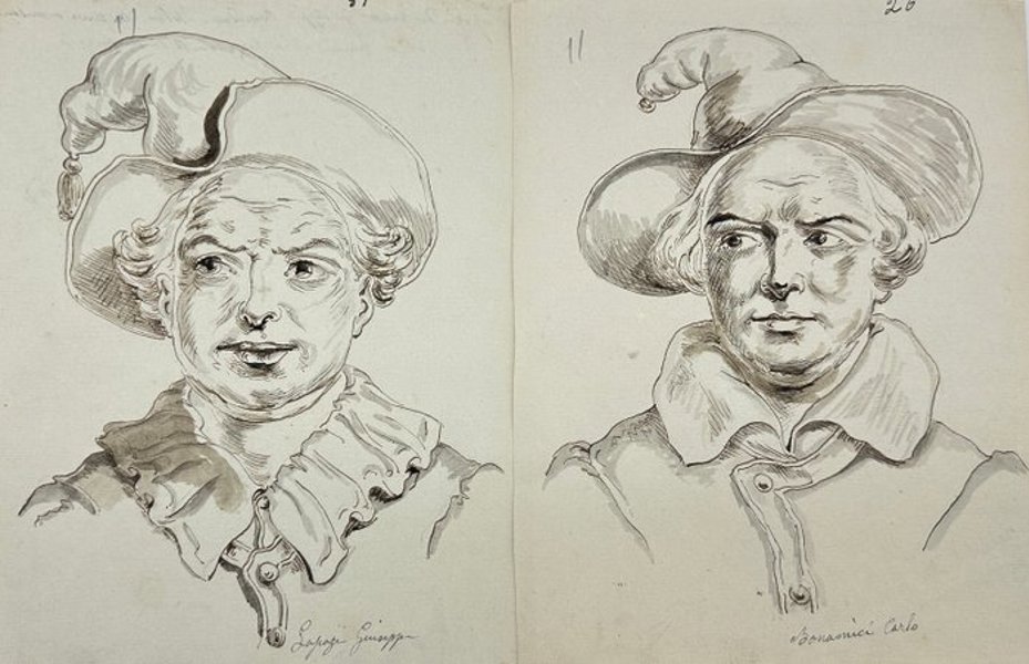European School, 18th Century - Ink and Watercolor Theatrical Portraits – Giuseppe and Carlo in Character Hats – Numbered - c.1700s