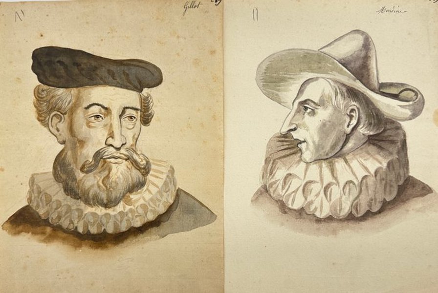 European School, 18th Century - Set of 2 Ink and Wash Drawings – Theatrical Character Heads - Numbered - c.1700s
