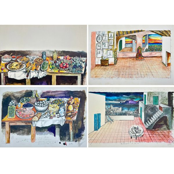 Renato Guttuso (1911-1987) - Rare Set of 4 scenographic sketches for Eduardo De Filippo’s "Il Contratto" - Hand-signed - Silkscreen / Serigraph