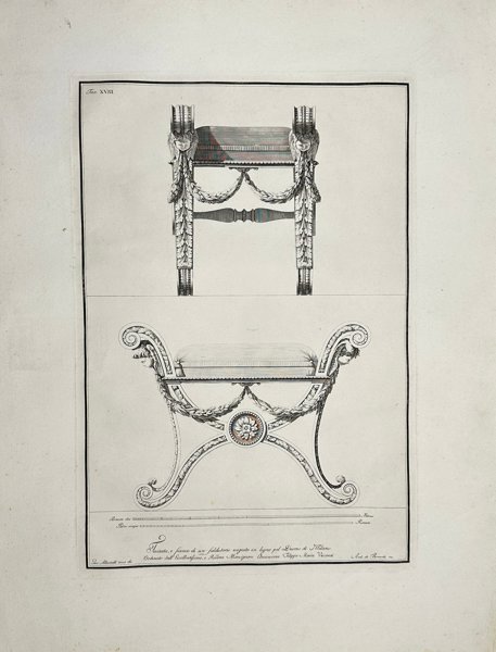 Giocondo Albertolli, Giacomo Mercoli - Large Architectural Engraving – Neoclassical Stool with Laurel Garlands and Rosette