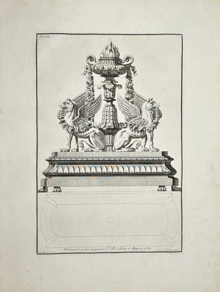 Giocondo Albertolli, Giacomo Mercoli - Large Architectural Engraving – Ornamental Altar Design with Griffins and Flame