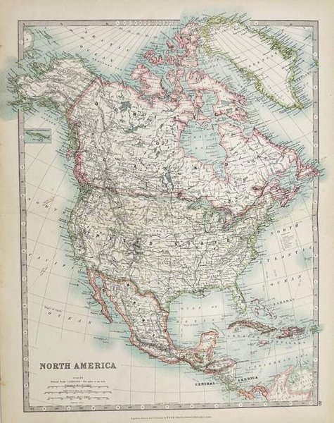 Alexander Keith Johnston (1804–1871) – Hand-Coloured Copper Engraving – Map of North America, Including Canada, the United States, Mexico, and Parts of Central America (1911)