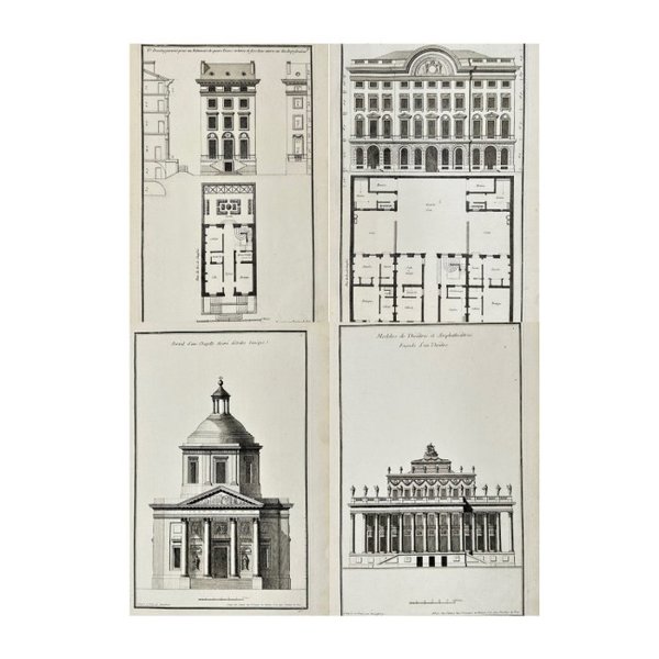 Jean-Francois de Neufforge - Set of 4 Antique Architectural Prints - Building Development - Facade of a Theater
