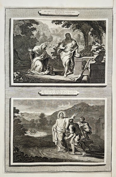 Pierre Mortier (1661–1711) – Biblical Engraving – Jesus Appears to Mary & Walks with Disciples to Emmaus – From Histoire du Vieux et du Nouveau Testament – Engraving (Early 18th Century)