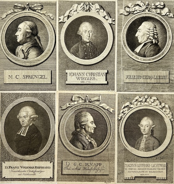 Johann Christoph Göbel, August Holtrup, Friedrich Carl Krüger Jr., Johann Georg Beyer – Set of 6 Scientific Portraits – Sprengel, Wiegleb, Lüdeke, Reinhard, Knappe, Lichtwer – Etchings (1792–1793)