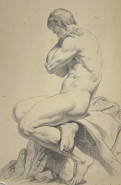 Albertino Bernhard - Pencil Drawing - Nude study - Seated man - Academic Drawing - Hand signed and dated