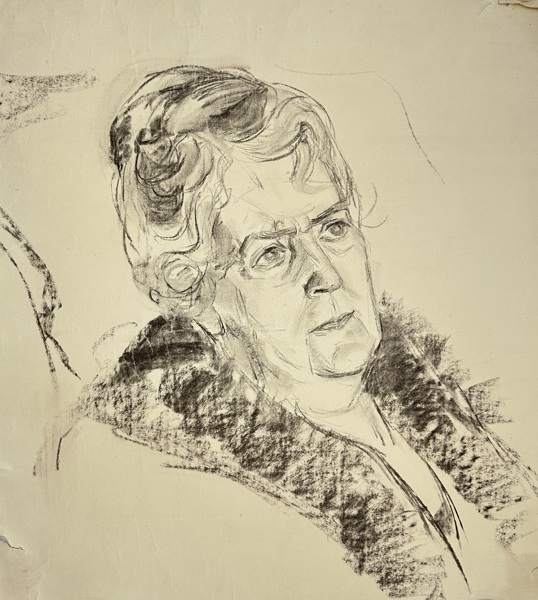 Albertino Bernhard – Antique Drawing - Elderly Woman in a Fur Collar – Graphite on Paper (20th Century)