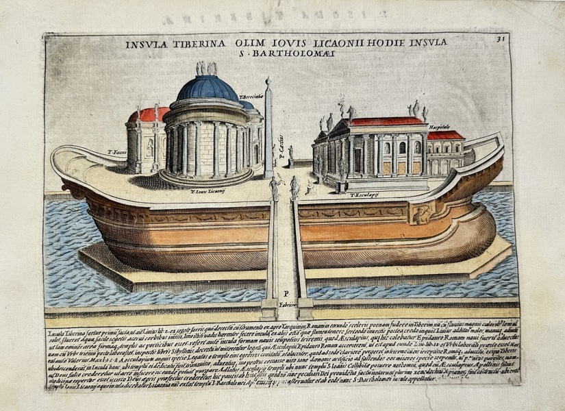 Giacomo Lauro (1584–1645) – The Isola Tiberina – Formerly the Tempio di Giove Licaonio, Now the Island of Saint Bartholomew – Hand-Coloured Copperplate Engraving (17th Century)