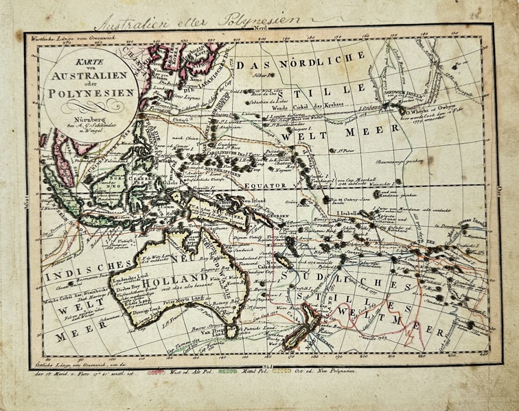 Christoph Weigel (1654–1725) – Map of Australia and Polynesia / Karte von Australien oder Polynesien – Hand-Coloured Copperplate Engraving (1720)