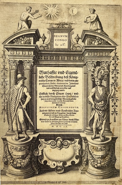 Theodor de Bry, Johann Theodor de Bry, and Johann Israel de Bry – Title Page of "Wahrhafte und Eigentliche Beschreibung des Königreichs Congo" – Copperplate Engraving (1609)