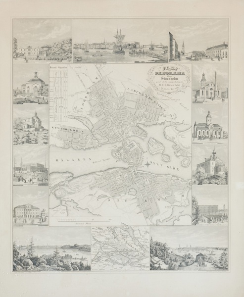 Johann Friedrich Meyer (1813–1887) & Frederik Henrik Dethleff (1816–1863) – Plan and Panorama of Stockholm with Surroundings – Large Lithographed City Map with Vignettes (c.1860s)