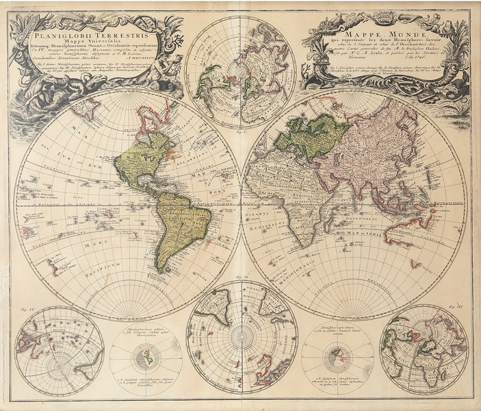 Johann Baptist Homann (1664–1724) – "Planiglobii Terrestris Cum Utroq Hemisphaerio Caelesti Generalis Exhibitio" – Hand-Colored Copper Engraving World Map (1707)