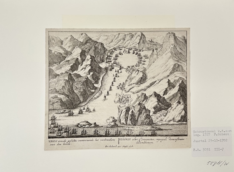Petrus Schenk (1660–1718) – Strategic Naval Encounter at the Battle of Vigo Bay – Engraving from Schouwtoneel der Oorlog (1702)