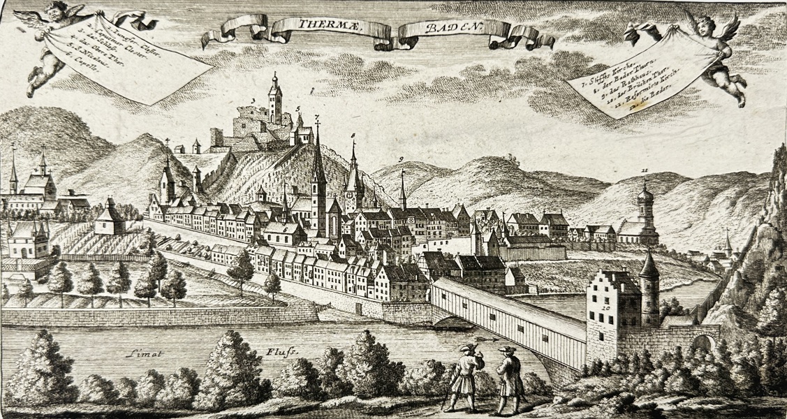 Gabriel Bodenehr (1664–1758) – Panoramic View of Baden with Thermae – Original Copper Engraving (1720)