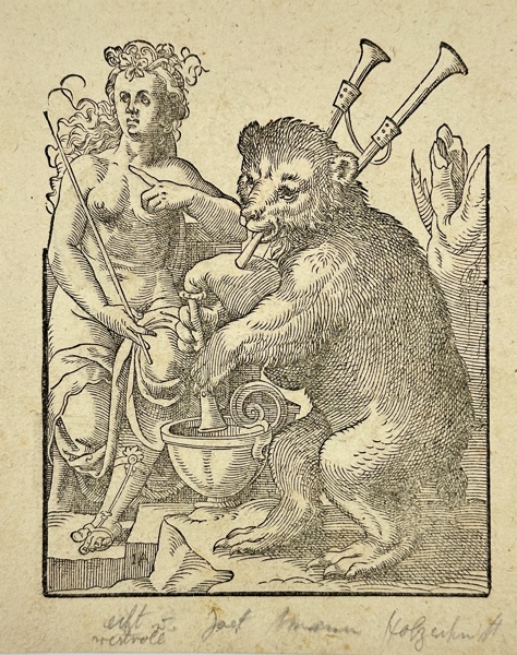 Jost Amman (1539–1591) – A Nymph and a Bear Playing a Bagpipe – Woodcut (Late 16th Century)