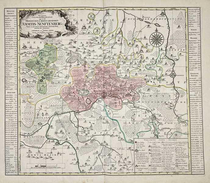 Peter Schenk the Younger (1693–1775) – Map of Amt Senftenberg / Accurater Geographischer Delineation Meissnischer Creisse Liegenden Ammtis Senftenberg – Hand-Colored Engraving (Mid 18th Century)