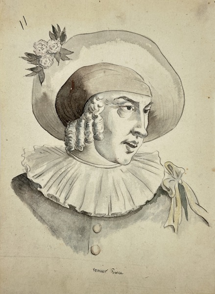 European School – Portrait of a Gentleman with Hat and Floral Ornament – Hand-Colored Drawing (c.1750)