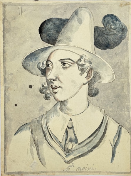 European School – Portrait of a Young Man with Plumed Hat – Hand-Colored Drawing (c.1750)