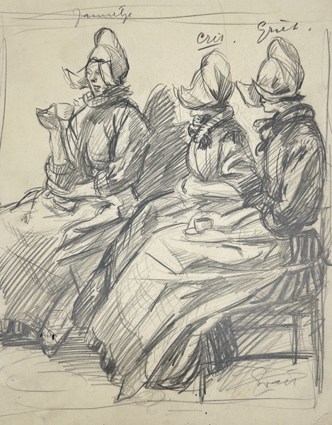 Unknown Artist – Three Women in Traditional Dress – Original Drawing (Early 20th Century)