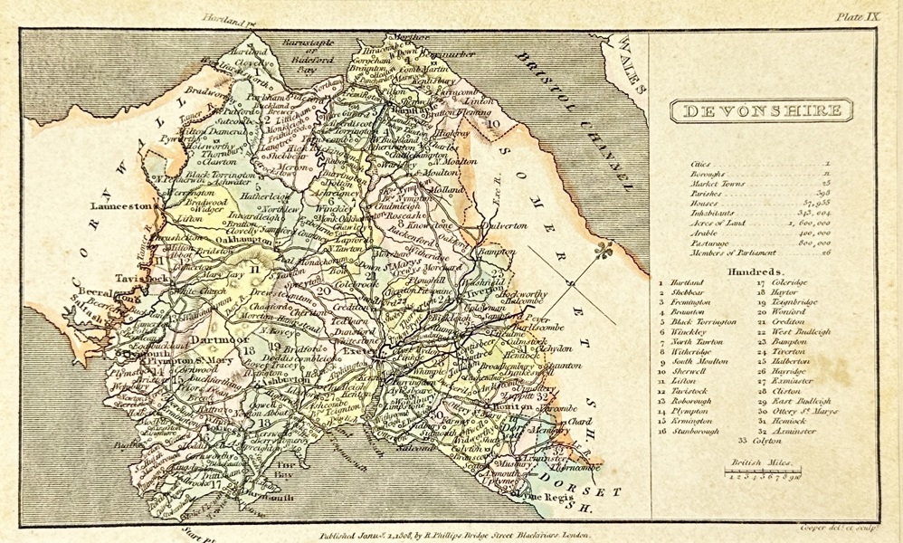 Sir Richard Phillips (1767–1840) – Map of Devonshire – Hand-Colored Copperplate Engraving from A Topographical Dictionary of the United Kingdom (1808)