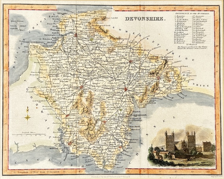 Robert Scott (1777–1841) – Map of Devonshire – Hand-Colored Copperplate Engraving from A New and Comprehensive Gazetteer of England and Wales (1843)