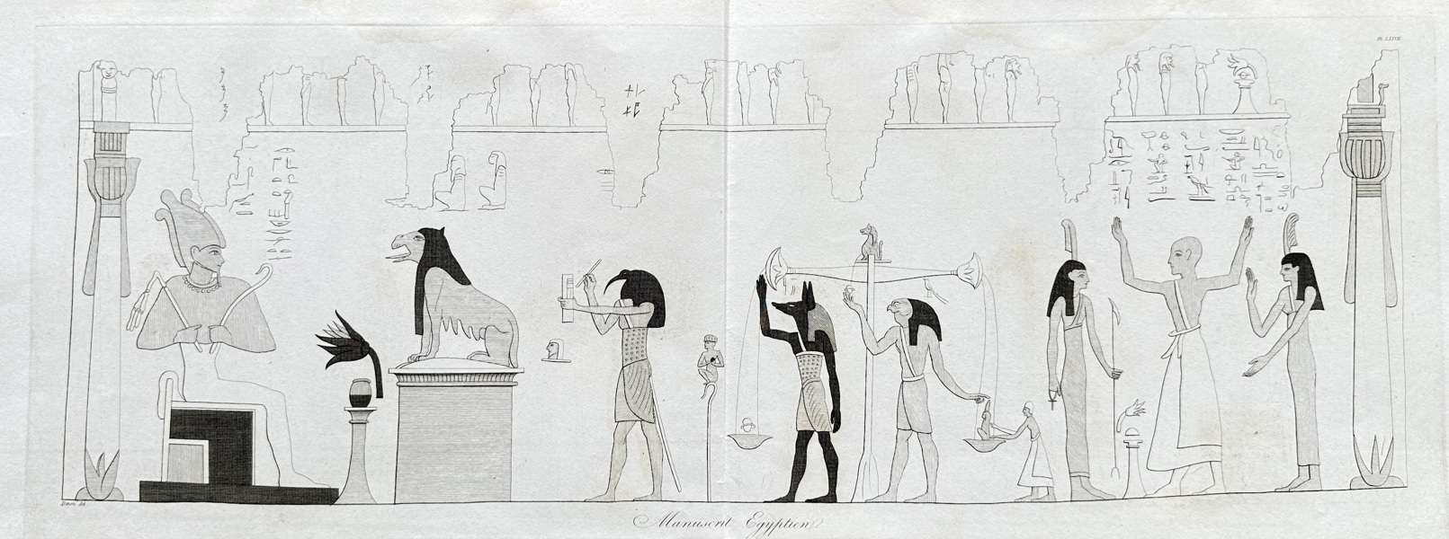 Baron Dominique Vivant Denon (1747–1825) – Egyptian Manuscript Depiction – Monumental Scene with Deities and Rituals – Copperplate Engraving from Voyage dans la Basse et la Haute Égypte (1802)