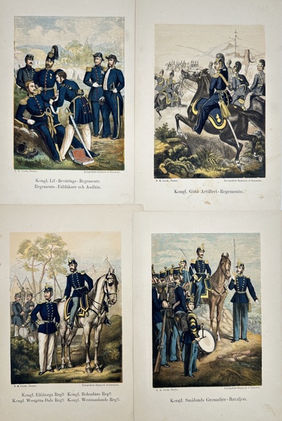 Nils Magnus Lindh (1835–1927) – Set of 4 Military Regiment Prints – Swedish Royal Regiments – Chromolithographs (c.1860s)
