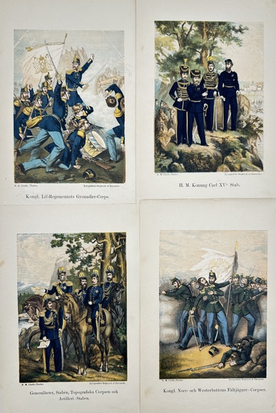 Nils Magnus Lindh (1835–1927) – Set of 4 Military Regiment Prints – Swedish Royal Regiments – Chromolithographs (c.1860s)