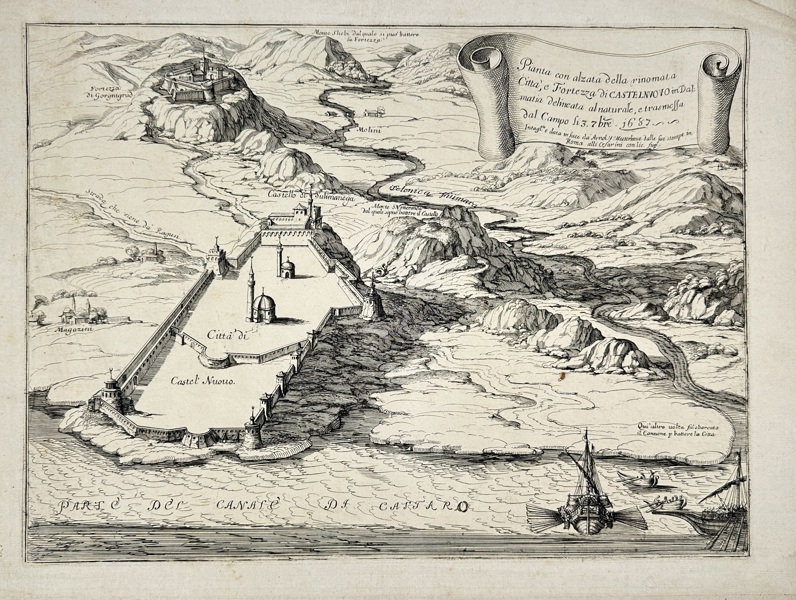 Giovanni Giacomo de Rossi (1627–1691) – Plan of the City and Fortress of Castelnuovo in Dalmatia – Croatia - Copperplate Engraving (1687)