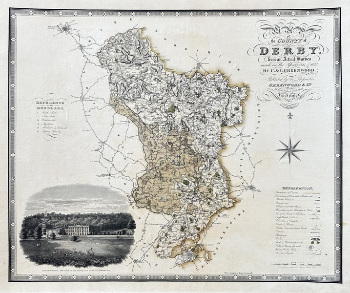 John Walker (1787–1873) & Charles Walker (1799–1872) – Large Map of the County of Derby – Hand-Colored Engraving from Greenwood's Atlas of the Counties of England (1830)