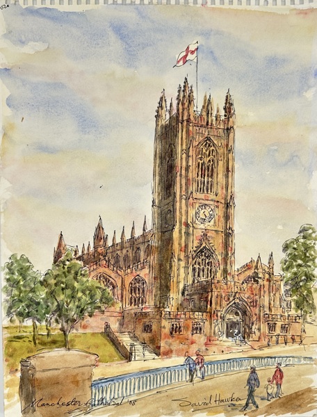David Hawkа – Manchester Cathedral – Watercolor Painting (1968)