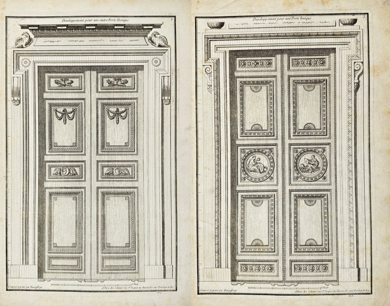 Jean-Francois de Neufforge – Set of 2 Architectural Prints – Development of Doric and Ionic Doors – Engravings (1770)